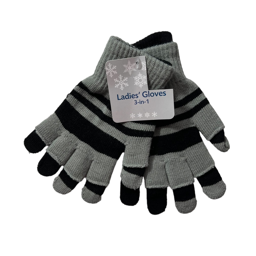 Ladies 3 In 1 Black & Gray Knit Gloves Os